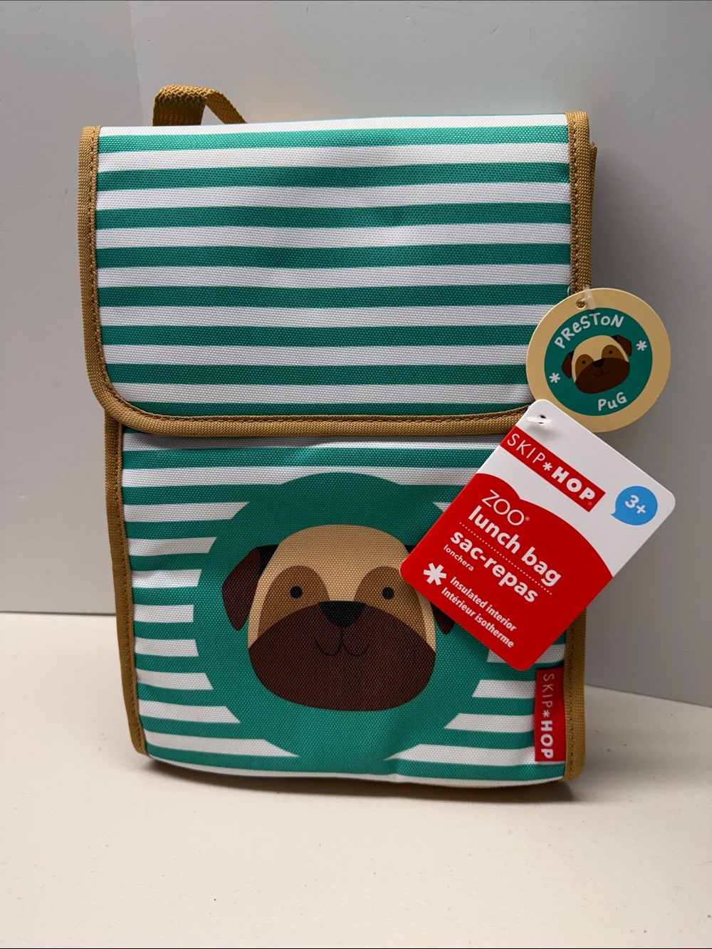 Skip Hop Kids Stripe Lunch Bag PUG Teal and White with Tan Trim